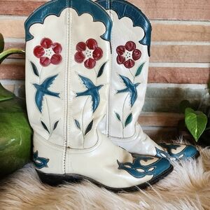 Vintage 1980's ACME Bluebird Floral Rodeo Sweetheart Cowgirl Boots Size 7